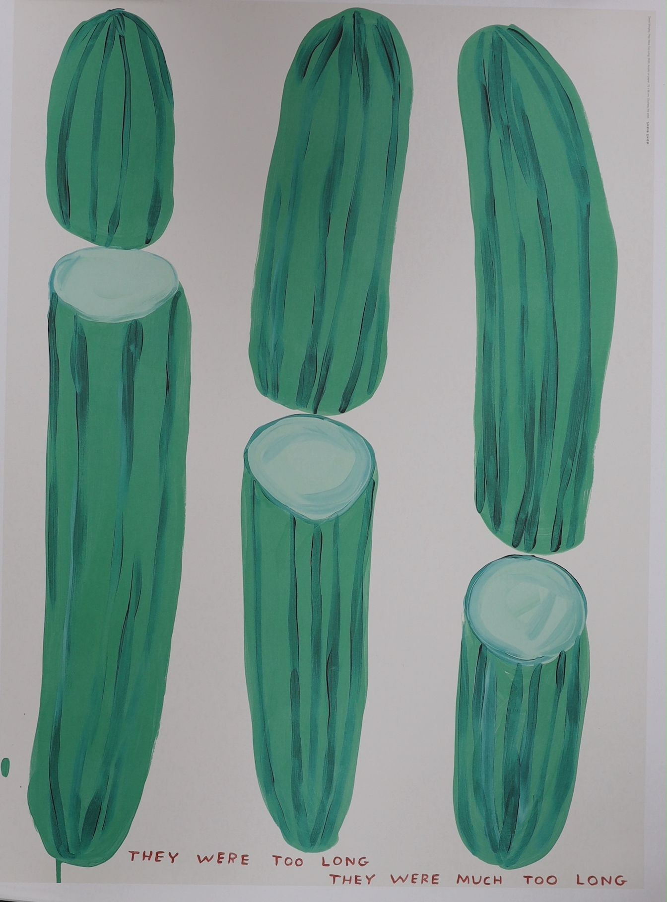 David Shrigley (1968-), two colour prints, 'When life gives you a lemon' and 'They were too long', 80 x 60cm, unframed